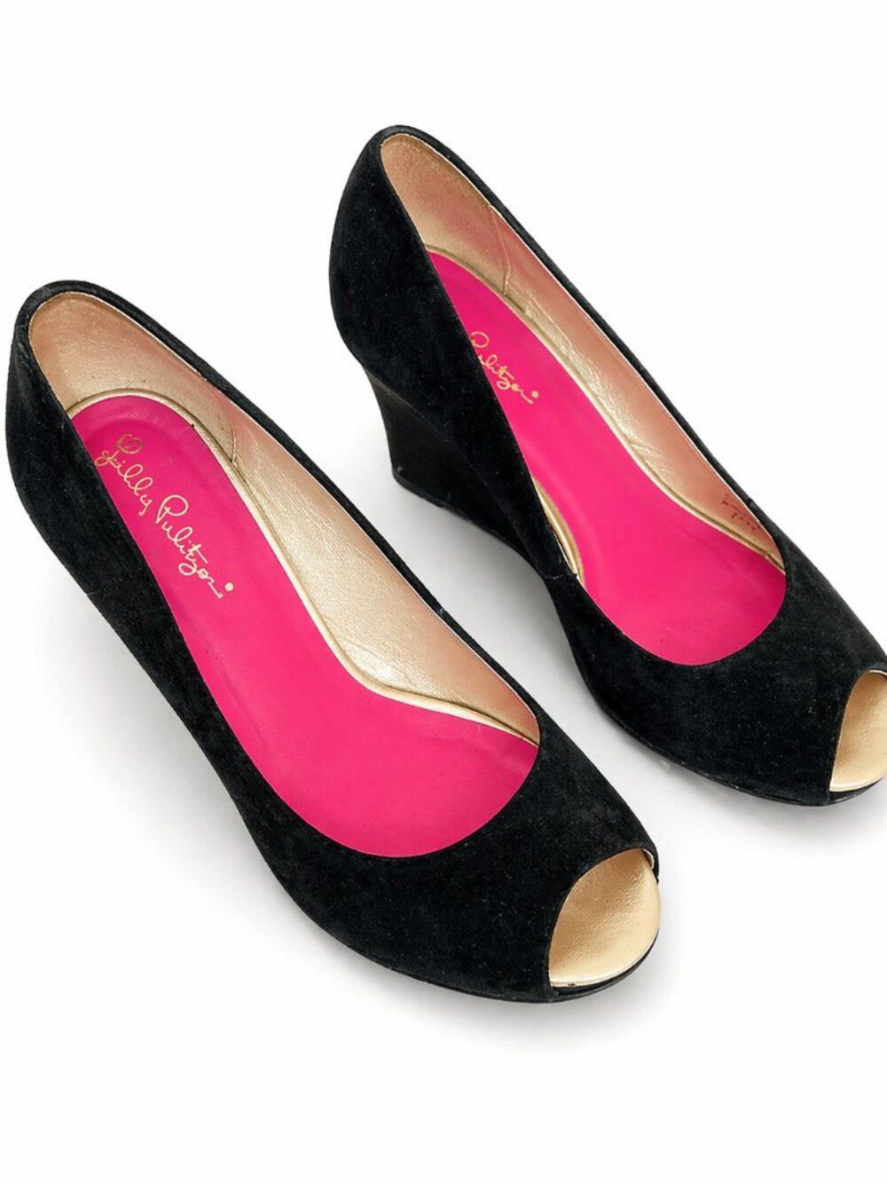 Lilly Pulitzer Black Suede Wedges 7.5 | Peep Toe Platform Heels Pink Lining